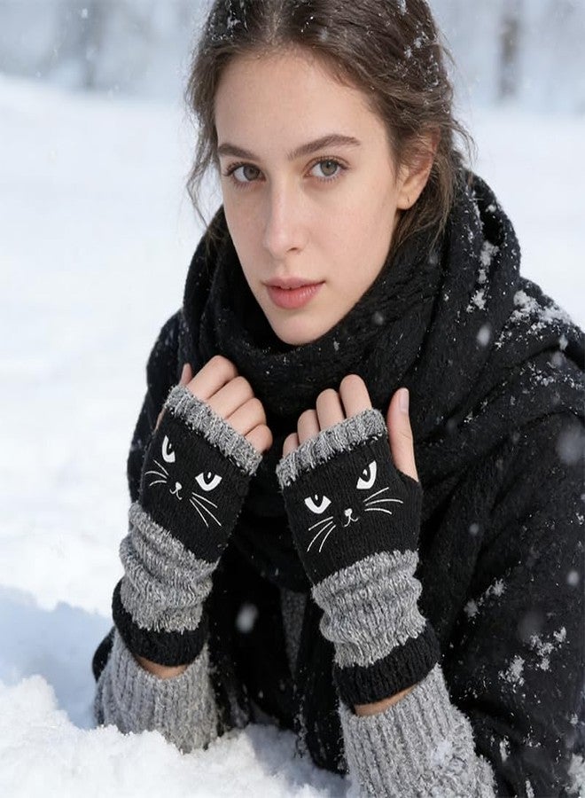 قفازات Easybos Cozy Cat بدون أصابع للنساء - قفازات محبوكة دافئة بتصميم كلاسيكي وتطريز قطة لطيف، قفازات أنيقة للارتداء اليومي (أسود) - Image 3